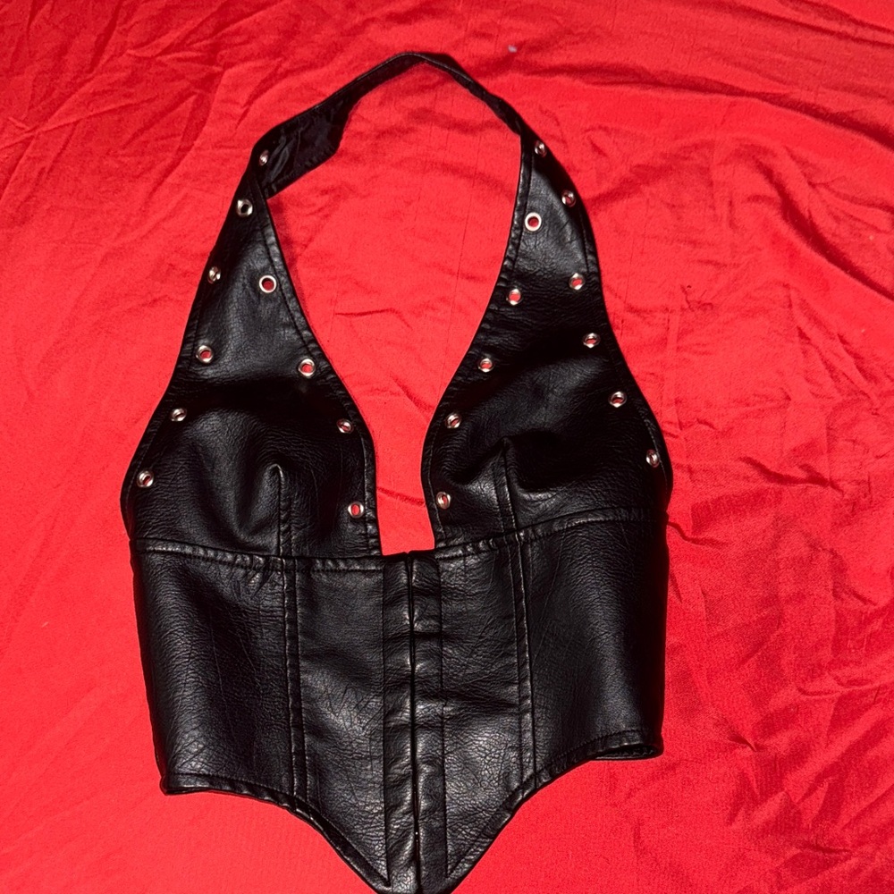 Black Halter Leather Top with Studs
